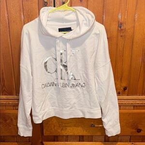Calvin Klein Women's White Hoodie with Silver Logo